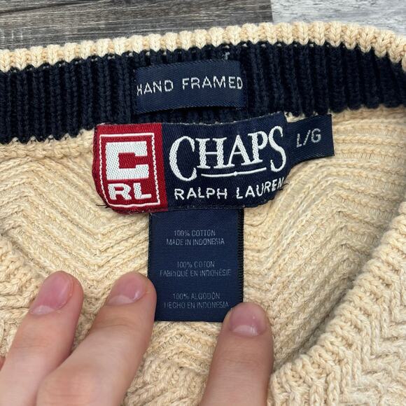 Vintage 90s Chaps Ralph Lauren Cream Mens L Hand Framed Herringbone Knit Sweater - Picture 4 of 9